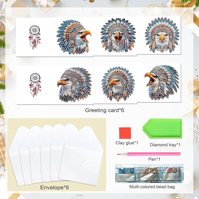 6pcs Diamond Art Painting Kit Greeting Card, Ethnic Rooster 5D DIY Diamond Handmade Holiday Glitter Greeting Card with Envelope, Holiday Gift Congratulation