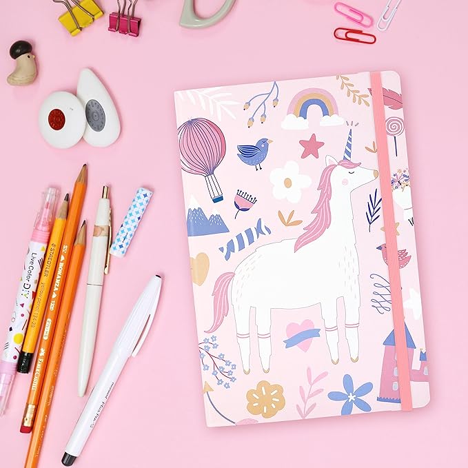 RICCO BELLO Wide Ruled Hardcover Diary Journal School Notebook for Kids, Tweens - Bookmark, Band Closure, Storage Pocket, 5.7 x 8.4 Inches, 192 Pages, (Pink Unicorn)