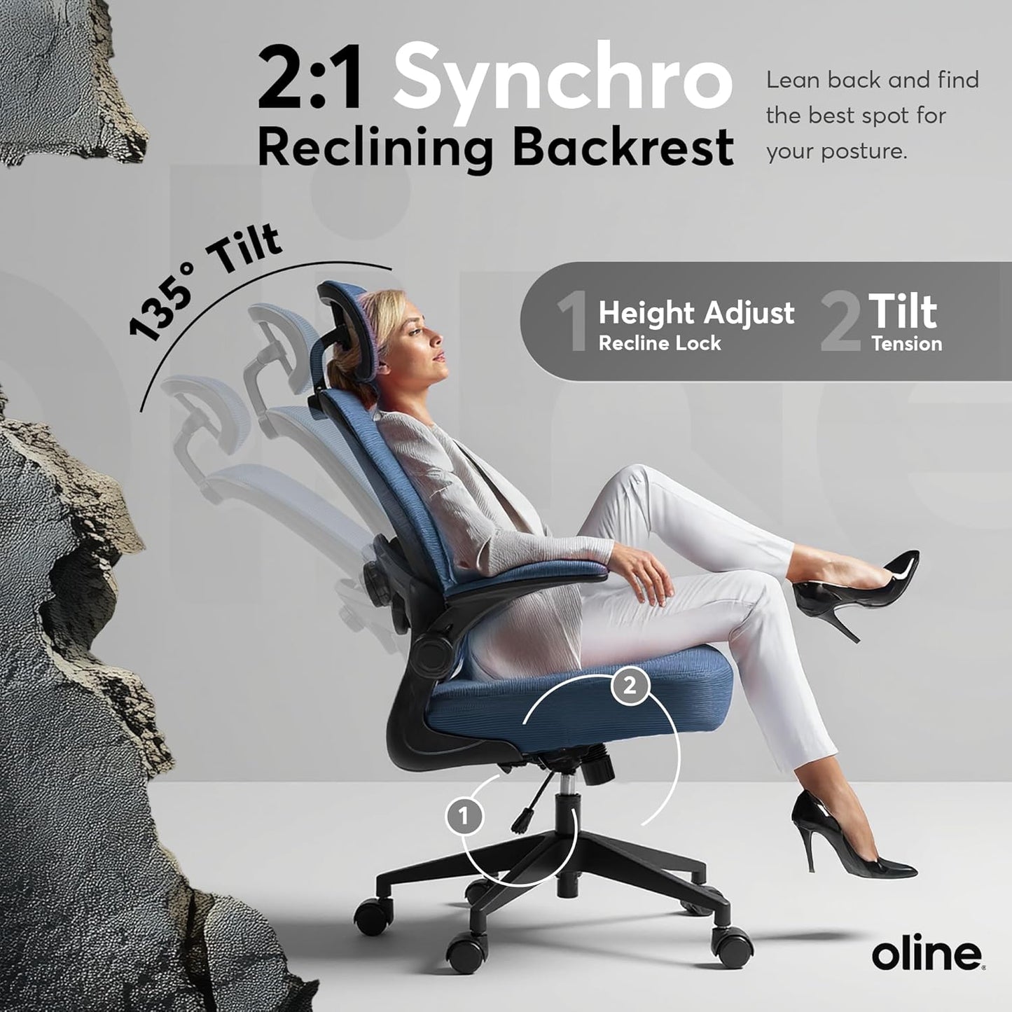 Oline ErgoAir Ergonomic Office Chair – Adjustable Lumbar Support, Flip-Up Armrests, Mesh Computer Desk Chair, Swivel Rolling Executive Gaming Chair for Home & Office (Navy Blue)