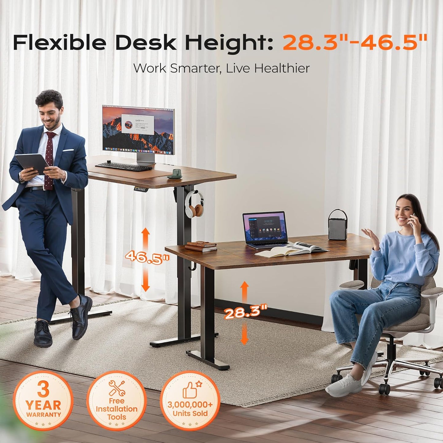 Huuger 55 x 28 Large Electric Standing Desk, Height Adjustable Computer Desk, 27.6" Deep Desktop, Stand up Gaming Office Desk with 2 Hooks, 3 Preset Heights, for Home Office, Rustic Brown