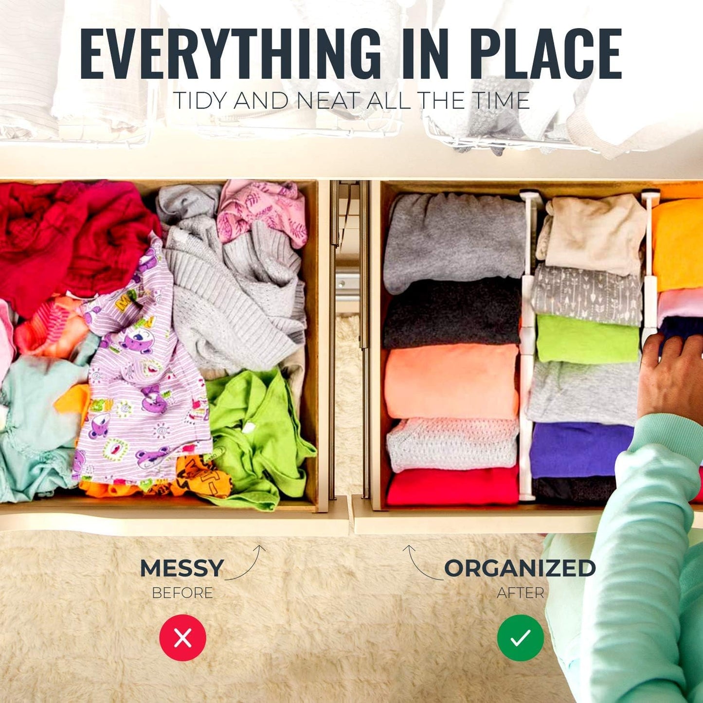 RAPTUROUS 4" Tall Drawer Dividers, 8-Pack, 11-17" Long, Expandable & Adjustable, Strong & Sturdy Non-Slip Dividers for Dresser, Closet, Kitchen, Nursery, and Office (White)