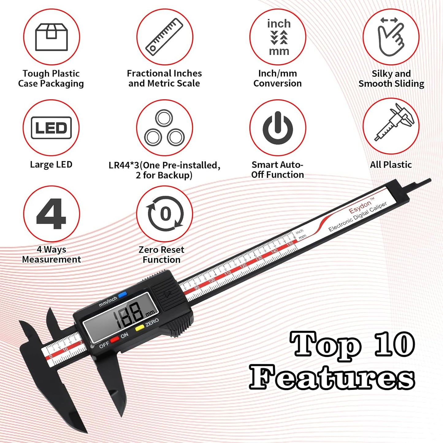 Digital Caliper, Esydon Upgraded Calipers 6 inch, Measuring Tool, Electronic Ruler, with Large LCD Screen, Auto-Off Feature, Inch and Millimeter Conversion, Plastic Case, Perfect for Household, DIY
