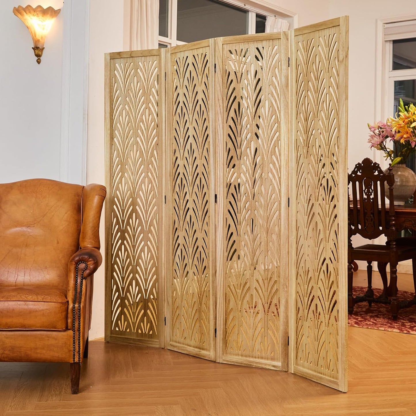 5.6Ft Room Divider Folding Wood Simple Carved Partition Screen for Home Office Garden - 4 Panels (Natural)