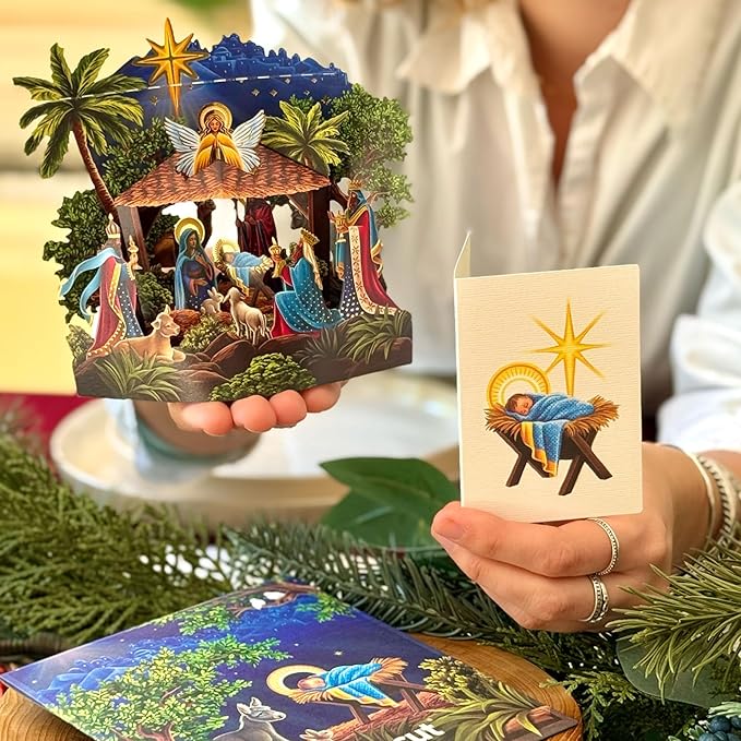 Freshcut Paper Pop Up Cards, Mini Starlit Nativity, 6 Inch Mini Sized 3D Popup Greeting Card and Paper Nativity Scene, Christmas Cards, Holiday Card, Blank Notecard & Envelope
