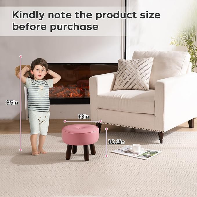 Small Foot Stool Round Pouf Ottoman, 13'' Leather Foot Rest with Non-Skid Rubber Legs, Foolstool Ottomans for Couch, Sofa Footrest Step Stool for Living Room Bedroom Entryway Office, Pink