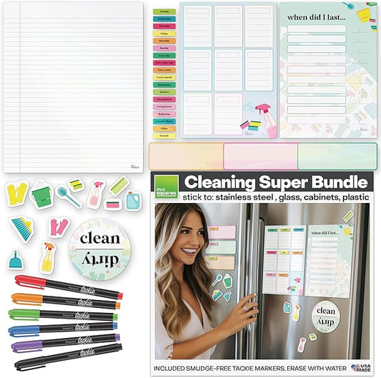 M.C. Squares Reusable, Erasable Cleaning Organizer Super Bundle | 36 Count with Checklist, Labels, Reminders, Jotter, and 6 Smudge-Free Tackie Markers | Cling to Stainless Steel & Glass | USA Made