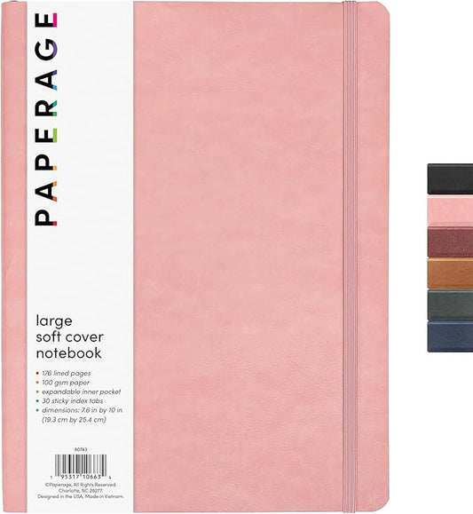 PAPERAGE Softcover Lined Journal Notebook (Blush), 176 Pages, Large B5 College Ruled Notebook, 7.6 inches x 10 inches - 100 GSM Thick Premium Paper, Soft Vegan Leather Journal for Home, Work & School