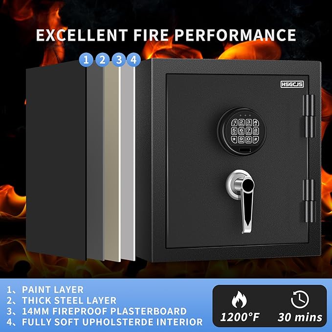 HSGCJS Fireproof Home safe-1.0 Cubic Feet,Digital Keypad Lock Security safe with Backup Key Lock,Fire Proof and waterproof Safe for for Money, Documents, Jewelry, Office, and Hotel Use