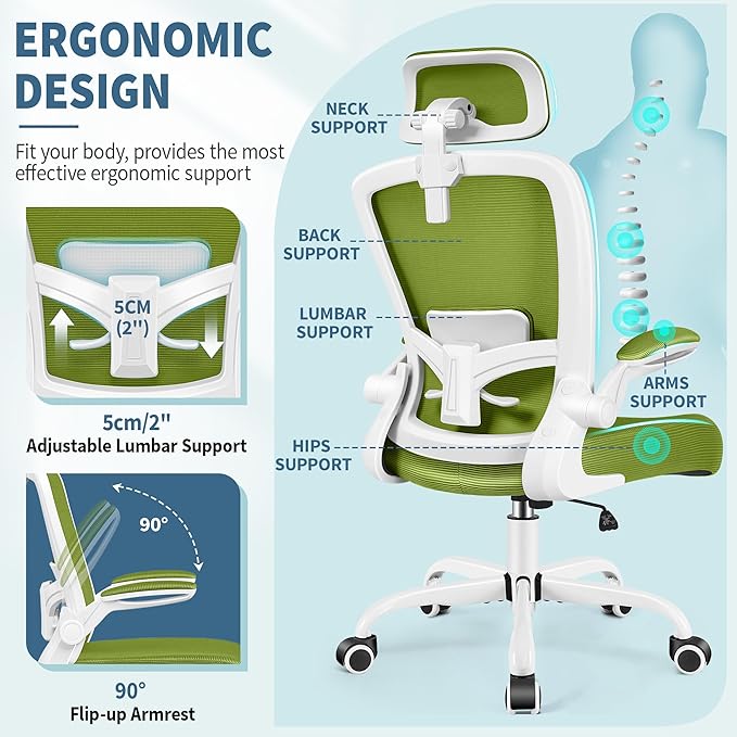 FelixKing Ergonomic Office Chair, Adjustable Lumbar Support, Swivel Chair with HighBack and Armrest, Adjustable Height Gaming Chair, Avocado Green