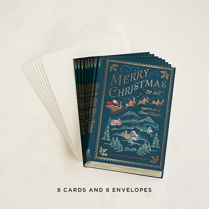Minted The Night Before Christmas Cards, 8 Cards with Envelopes, Folded 5x7 Holiday Card with Vintage Santa Sleigh, Reindeer & Village Design, Gold Foil Pressed, Luxurious Paper, Interior Message