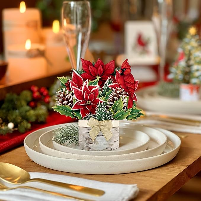 Freshcut Paper Pop Up Cards, Mini Birch Poinsettia, 6 Inch Mini Sized Forever Flower Bouquet 3D Popup Greeting Cards, Christmas Card, Holiday Card, Blank Notecard & Envelope