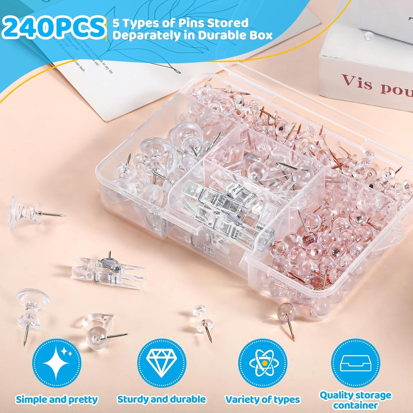 240Pcs Clear Thumb Tacks,5 Style Thumbtacks, Clear Plastic Push Pins for Cork Board, Bulletin Boards, Wall