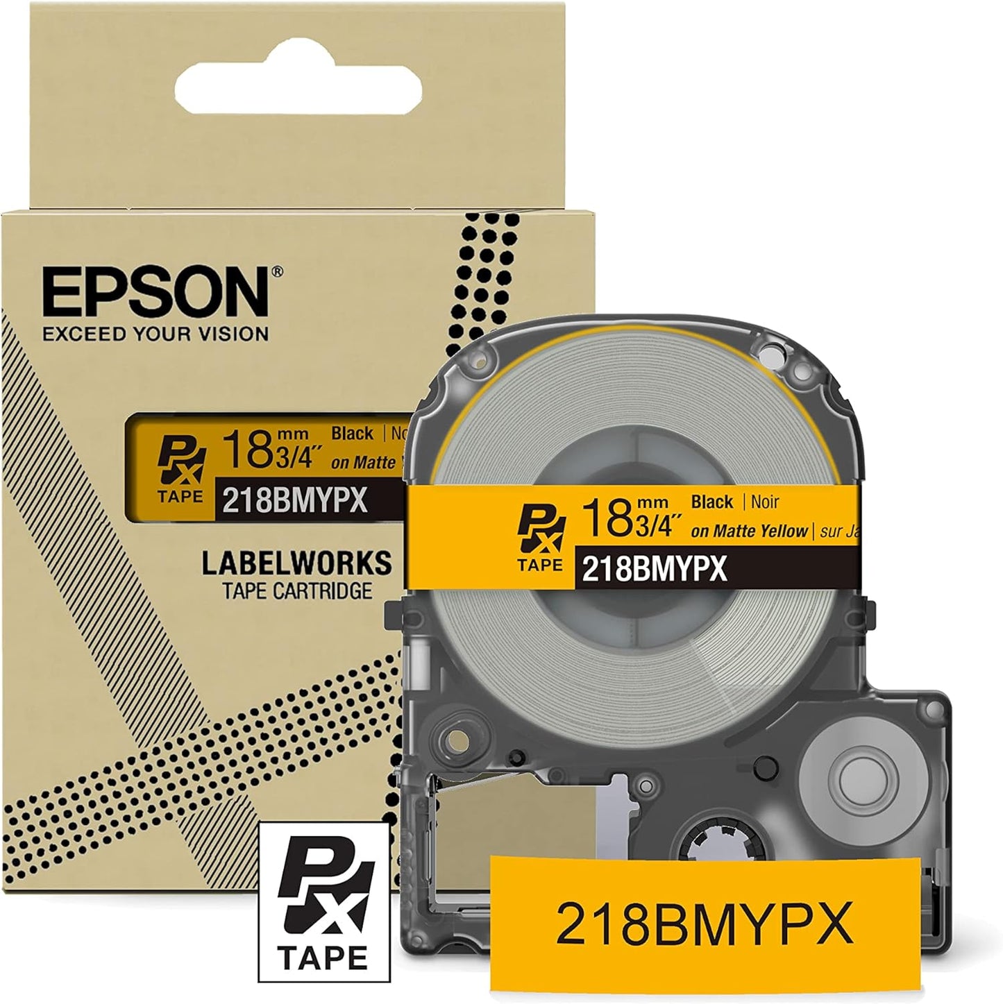 Epson LABELWORKS 218BMYPX Genuine PET (Polyester) Tape Cartridge - Black on Matte Yellow Designer Craft Label Maker Tape - 3/4" (18MM) Wide, 26'