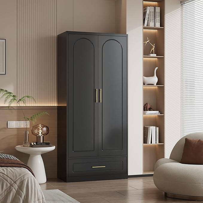 Metal Armoire Wardrobe Closet with Drawer, 71“ Tall Freestanding Wardrobe Cabinet with Doors and Shelves, Large Armoire with Hanging Rod, Clothes Cabinets for Bedroom, Black, Assembly Required