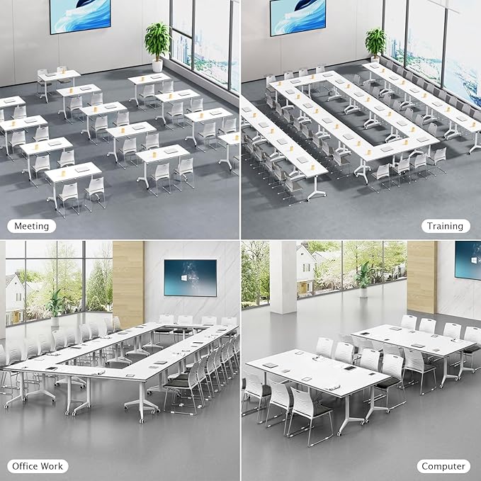 Conference Table Folding Conference Table, Modern Conference Room Table White Meeting Table Flip Top Large Mobile Training Tables, Mobile Training Seminar Tables for Office Classroom (4pack 55.1in)