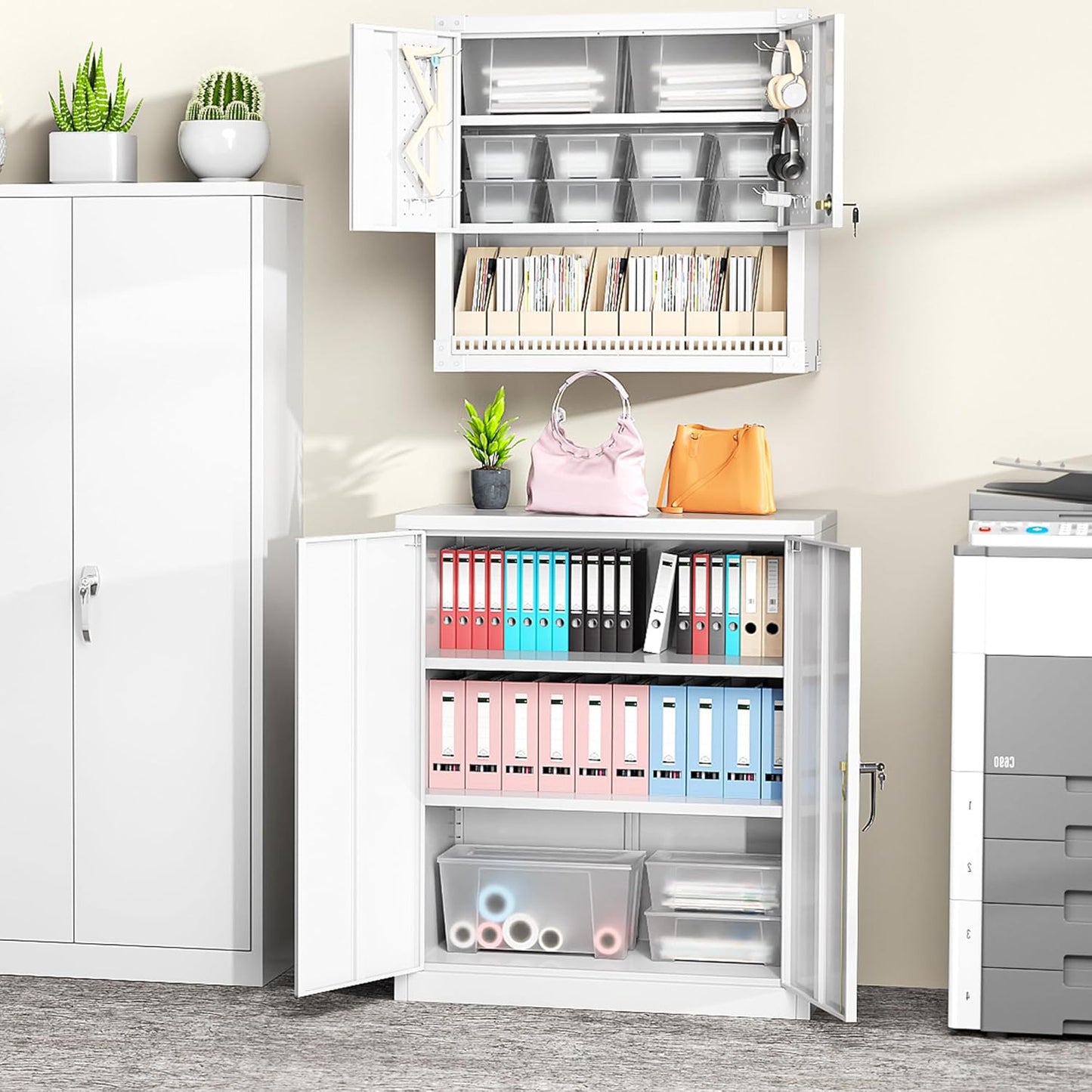 Greenvelly Metal Garage Storage Cabinet, Lockable Metal Cabinets with 2 Doors and Shelves,36”Steel Storage Locking Counter Cabinet for Office,Garage,Kitchen,Home,School(White)