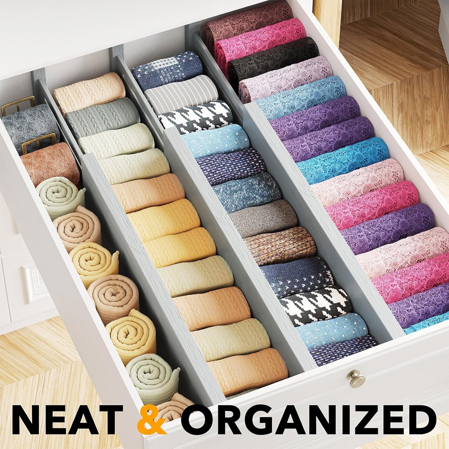 SpaceAid Bamboo Dresser Drawer Dividers 6 Pack, 4.65“ High Adjustable 17“-22” Drawer Organizers, Expandable Organization for Clothing, Clothes, Dressers, Gray