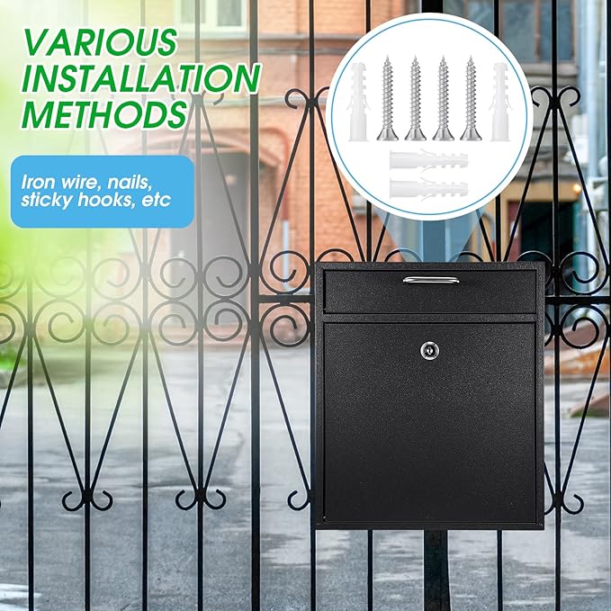 Locking Mailbox with Key for Outdoor 12 x 10.5 x 4.7 Inches Large Wall Mount Mail Box with Lock Security Mail Drop Metal Collection Boxes Hanging Secure Postbox(Black)
