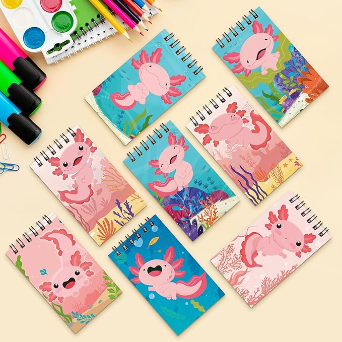 24 Packs Axolotl Mini Spiral Notebooks Cute Animal Pocket Notepads Journal Memo Pads for Birthday Party Favors Gifts Goodie Bag Stocking Stuffers Office School Classroom Rewards, 8 Designs