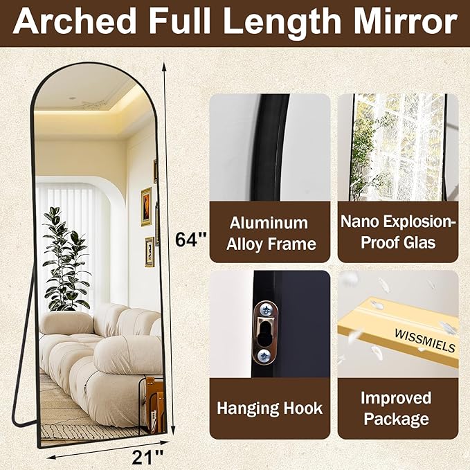 21" x 64"Arched Full Length Mirror - Wall Mounted Floor Mirror- Aluminum Alloy Frame Full Body Mirror for Bathroom Living Room Bedroom and Entryway Black