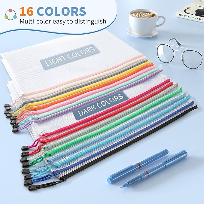 Umriox 16 Pack Large Zipper Bags 16.9x12.4 in, A3 16 Colors Mesh Zipper Document Pouch for Organizing, Storage Bags with Zipper for Board Game, Puzzles, Sewing Project, Travel Supplies
