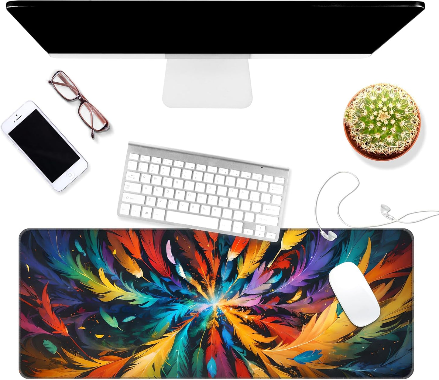 Dynippy Thin Extended Gaming Mouse Pad （31.5 * 11.8 * 0.08 inch） with Stitched Edges Large Mousepad Long XXL Keyboard and Mouse pad Desk Mat for Gaming Office & Home - Colored Feather