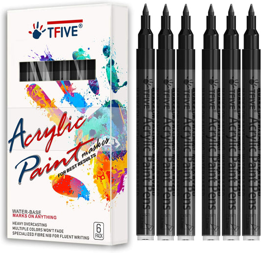 Black Marker Paint Pens - 6 Pack Acrylic Black Permanent Marker, 0.7mm Extra Fine Tip Paint Pen for Art projects, Drawing, Rock Painting, Stone, Ceramic, Glass, Wood, Plastic, Metal, Canvas DIY Crafts