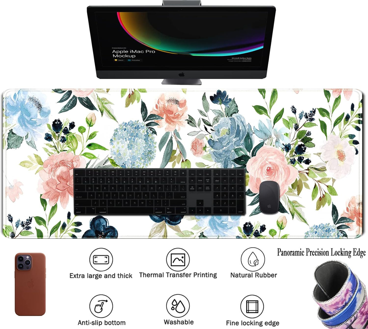 Gaming Green Desk Mat Desk Mouse Pads Purple Blue Pink Floral Mouse Pad Large, XL Big Computer Keyboard Mouse Mat Desk Pad Mat with Stitched Edge for Women Home Office Decor Deskmat 31.5x11.8 in
