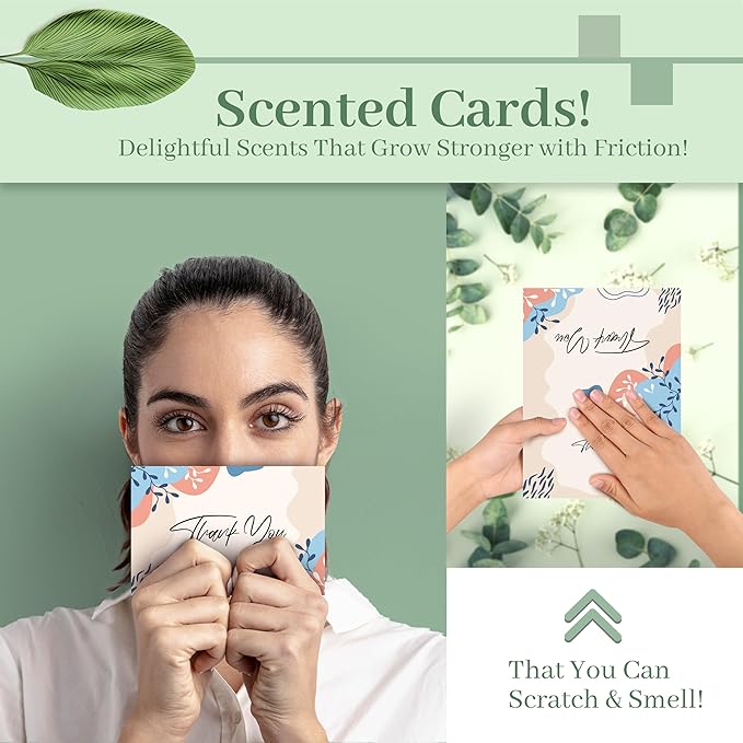24 Pack Scented Thank You Cards with Kraft Envelopes & Matching Stickers, Scratch & Sniff Bulk Greeting Cards, 4x6 Inch Thank You Notes for Wedding, Business, Baby & Bridal Shower, Graduation, Funeral