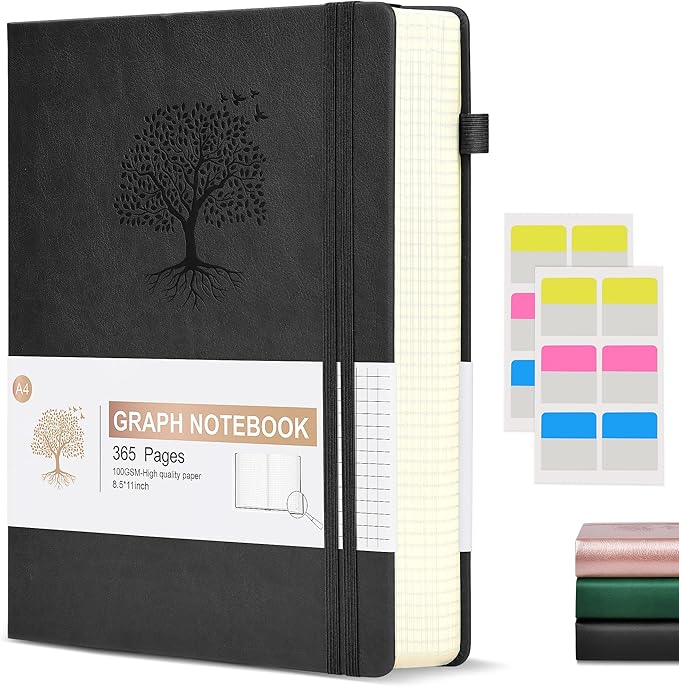 Graph Paper Notebook Journal, 360 Numbered Pages Grid Notebooks, Thick 100gsm Graphing Paper Journals for Writing Women Men, A5 Large Hardcover Leather Graph Notebook 5.75'' × 8.38'' Black