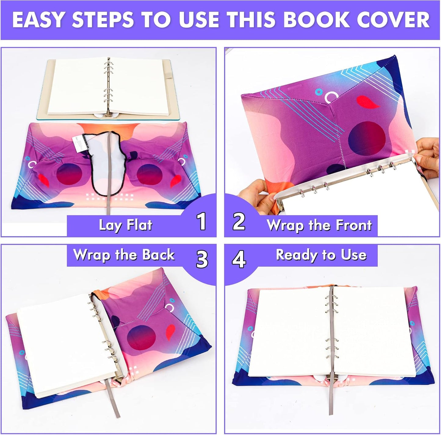 Feela 8 Pack Stretchable Jumbo Fabric Book Covers - Washable Durable Reusable Nylon for Hardcover Textbooks Notebooks up to 9"x11" - 8 Neon Patterns