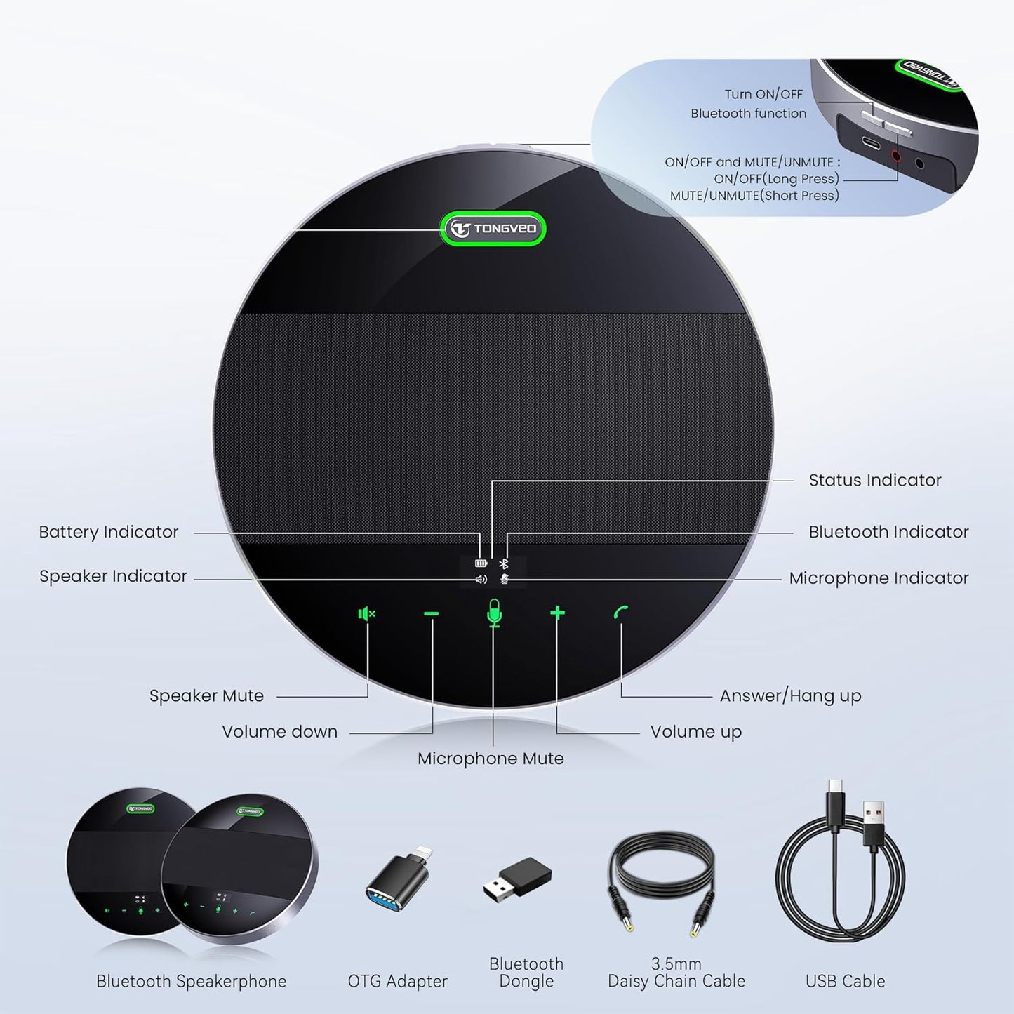 2-in-1 Conference Speaker and Microphone, Daisy Chain Wireless Bluetooth Speakerphone with 360° omnidirectional mics USB/Dongle/Bluetooth Connection 18H Talk Time for 15-30 People Meeting