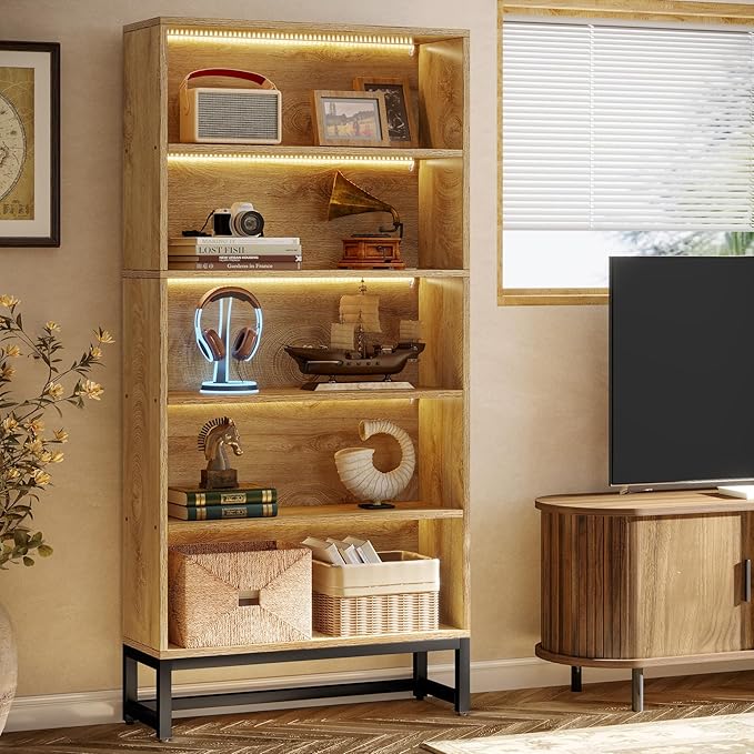 Tribesigns Tall Bookcase and Bookshelf, 70.8" Large Bookcases Organizer with LED Lights, Heavy Duty Free-Standing Library Bookshelf with 5-Tier Storage Shelves for Living Room, Bedroom (Brown)