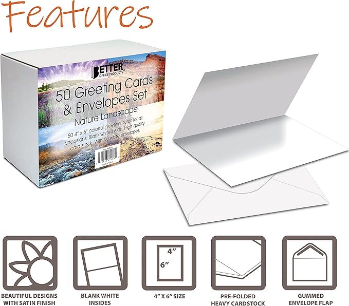 Better Office Products 50-Pack All Occasion Greeting Cards Box Set, 4 x 6 inch, 50 Assorted Blank Note Cards & 50 Envelopes, 6 Nature Photography Americana Designs, Blank Inside, 50 Pack