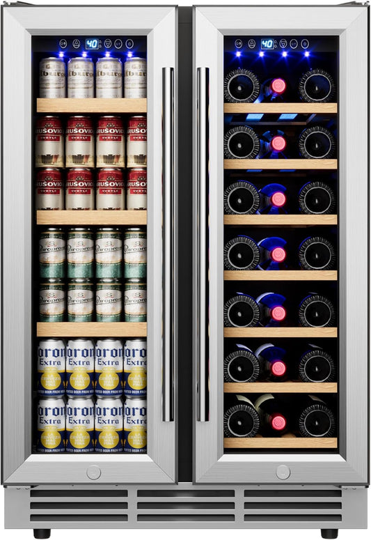 24" Wine and Beverage Refrigerator, Dual Zone Wine Cooler with Glass Door, Hold 88 Cans & 21 Bottles, Built in or Freestanding Under Counter Wine Fridge with Blue LED Light.