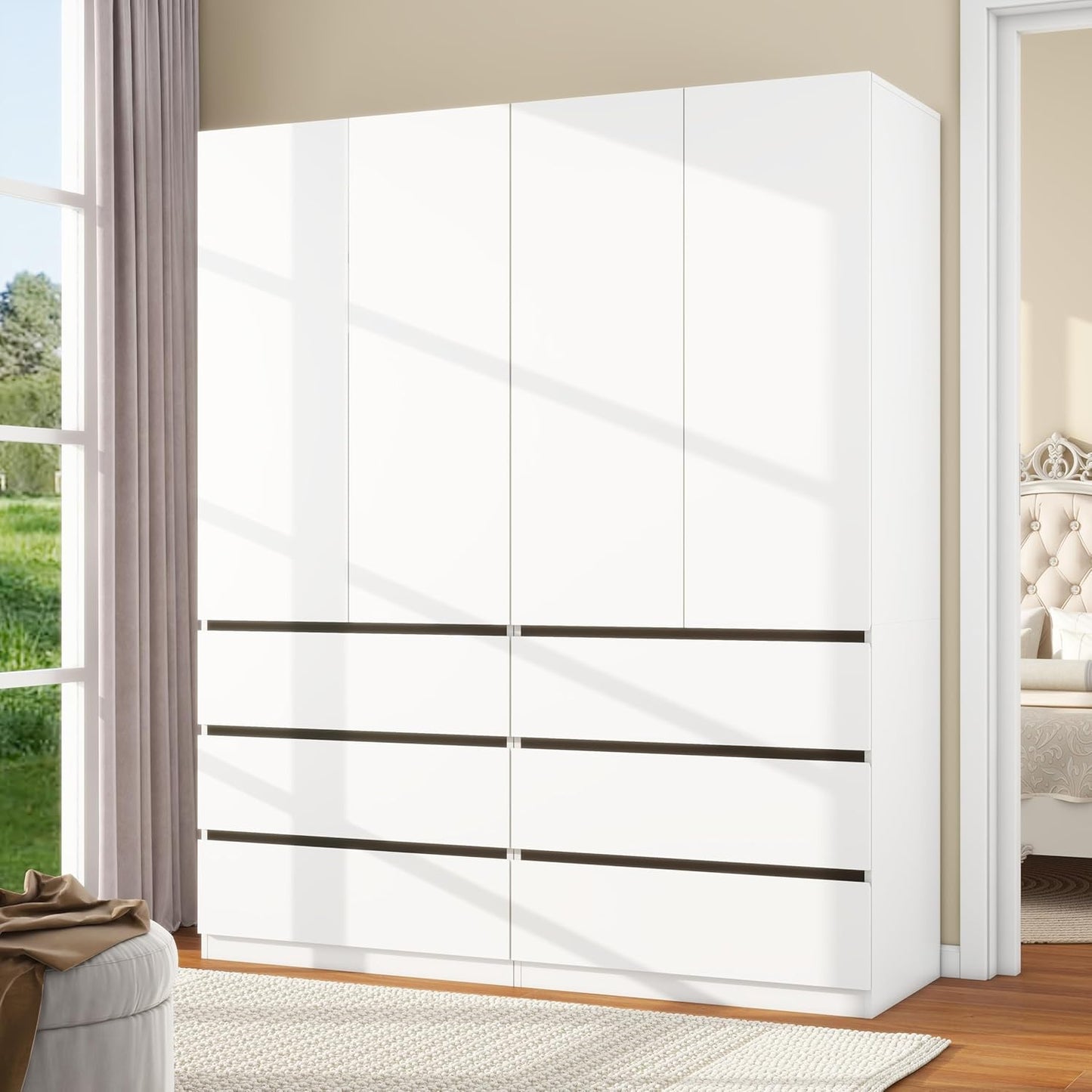 Bedroom Armoire Wardrobe Closet with 6 Drawers: White Wardrobe Closet with 4 Doors, Modern Cabinet for Clothes with Shelves, Wooden Armoire for Hanging Clothes (Modern, 2)