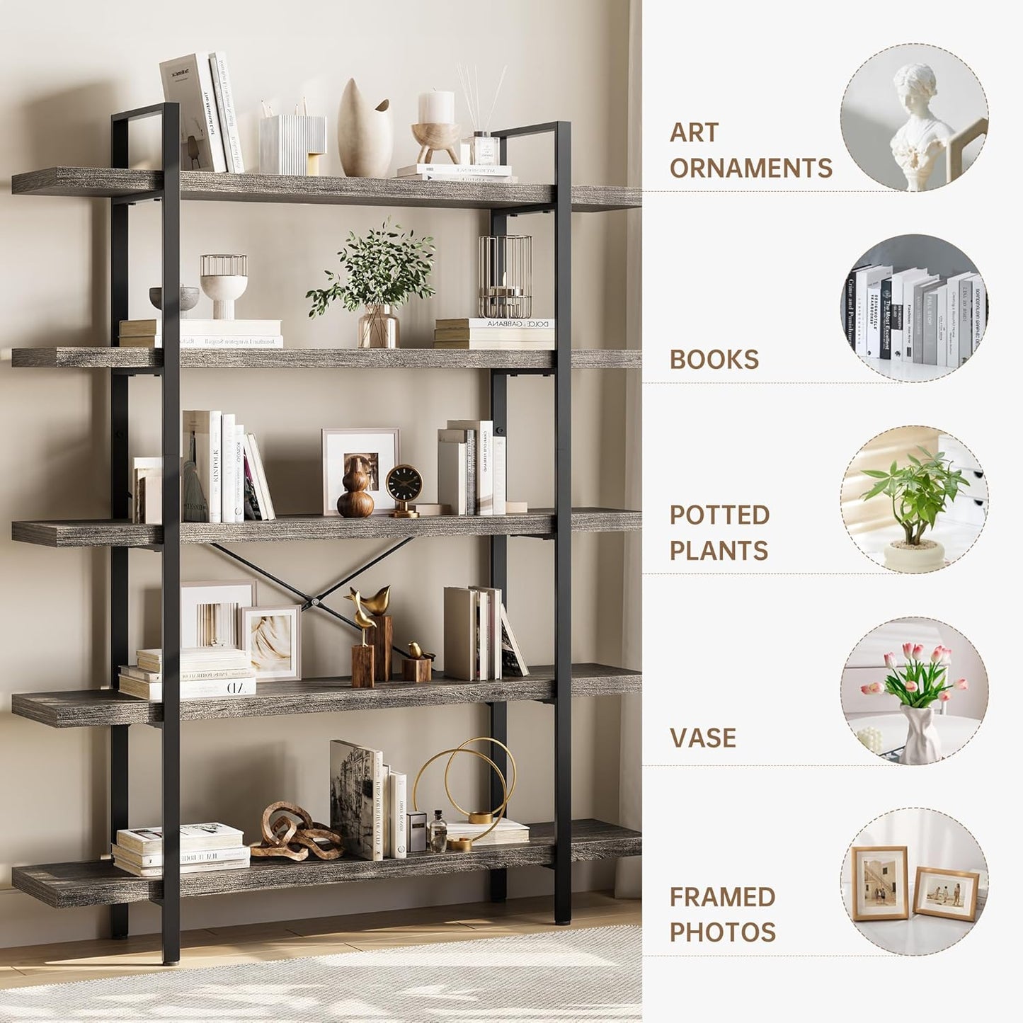 Heavy Duty 5-Tier Industrial Bookcase, 47" Wide Wood Bookshelf for Home Office, 120lbs Shelf Capacity, Rustic Shelving Display with Reinforced Horizontal Shelf for Living Room Bedroom,Grey