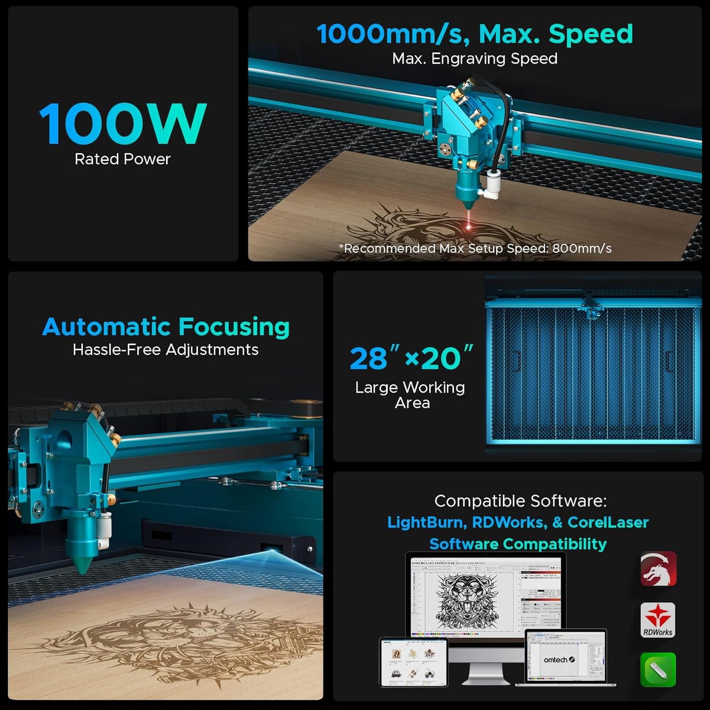 OMTech 100W CO2 Laser Engraver with Water Chiller, 28"x20" Laser Engraving Machine with Autofocus 2 Way Pass-Throughs Built-in Air Assist, Laser Cutter for Wood Glass Acrylic More