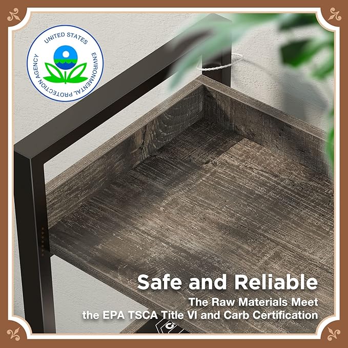 Seventable Bookshelf 6 Tier with 4 Hooks，67”Industrial Wooden Bookcase, Vintage Storage Rack with Open Shelves, Rustic Standing Bookshelves Metal Frame 43.3” Wide Display Rack, Gray