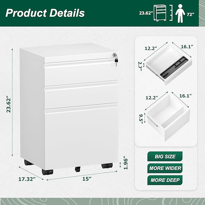 Superday White 3 Drawer Mobile Locking File Cabinet, Metal Rolling Vertical Filing Cabinet with Drawers, Small Under Desk File Cabinets for Office and Home, Fully Assemble