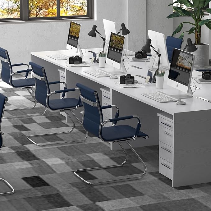 Office Desk Chair No Wheels Set of 4 PU Leather Computer Chairs Mid Back Guest Chairs for School Reception Conference Waiting Room, Navy Blue