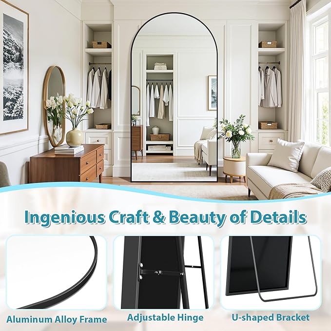 Full Length Mirror, 78"x38" Oversized Floor Mirror Freestanding, Full Body Mirror Floor Standing Mirrors with Stand, Hanging Mounted Mirrors for Bedroom Living Room, Black, Arched Style