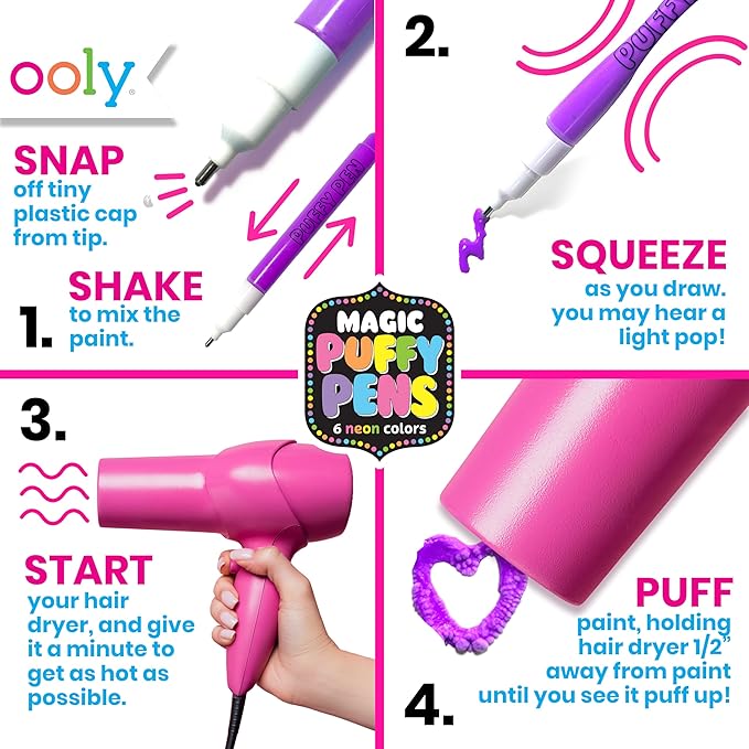 Ooly Puffy Paint Neon Gel Pens 2 Pack (12 Pens), 3D Foam Texture Painting Magic Puffy Pen, Creative and Fun Pens for Kids Arts and Crafts Drawing Supplies