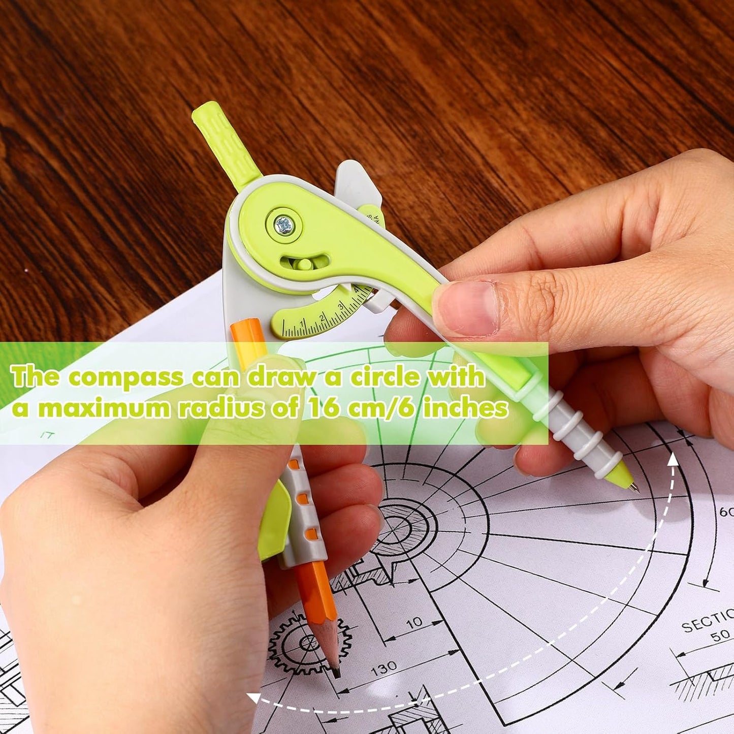 Zonon 1 Set Plastic Geometry Math Set 7 Pcs Includes 6'' / 4 '' Protractor, Drawing Compass, 45/60 Degree Triangle Rulers, 12'' / 6'' Math Ruler Transparent for Office Supplies(Yellow)