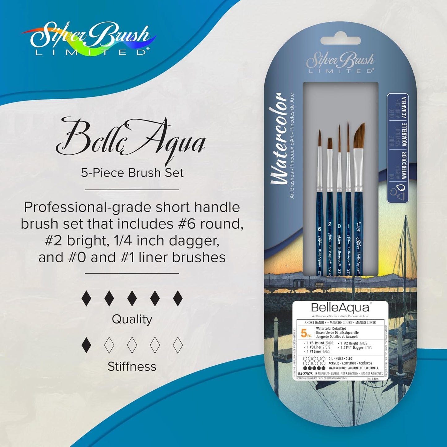 Silver Brush Limited BA-2707S BelleAqua Watercolor Detail Set, 5pc Professional Short Handle Watercolor Brush Set with Soft Synthetic Red Sable Bristles, Round, Bright, Liners & a Dagger Striper Brush