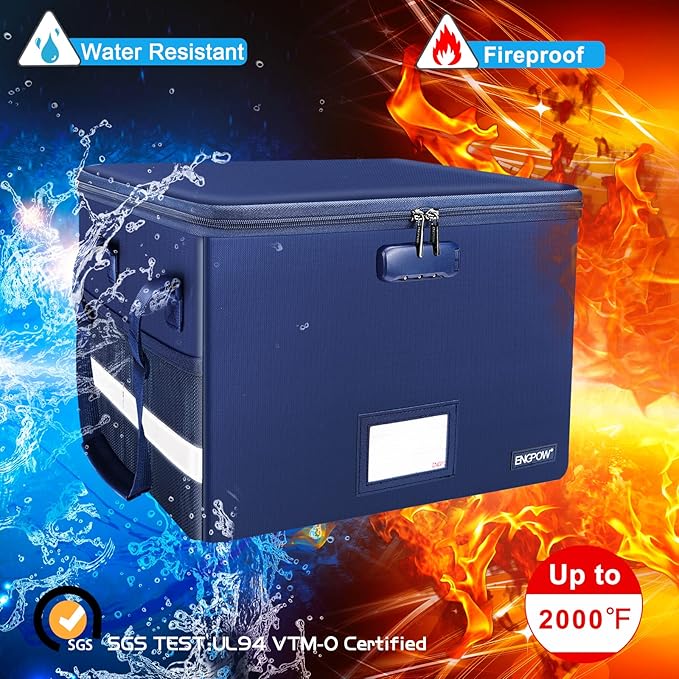 ENGPOW File Box with Lock,Fireproof Document Box with Pockets,Collapsible File Storage Organizer Filing Cabinet with Handle,Portable Home Office Safe for Hanging Letter/Legal Folders,2 Pack(Blue)