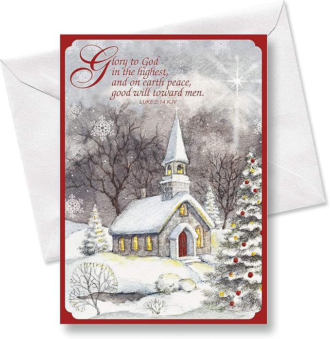 Current Snowy Church Personalized Religious Christmas Cards with Envelopes - Set of 18 Large 5 x 7-Inch Folded Cards, Faith Holiday Card Value Pack, Add Names or Text