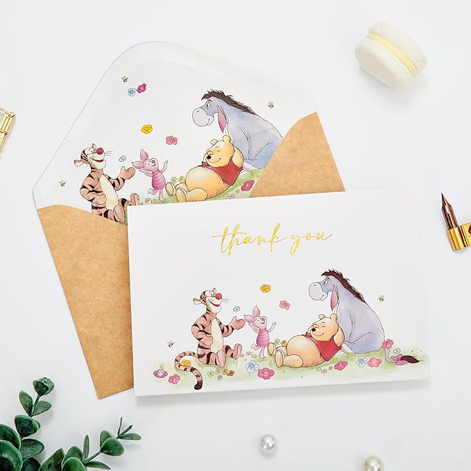 Crisky Gold Foil Winnie the Pooh Thank You Cards with Envelopes and Stickers, 50 Pack Animal Thank You Cards for Baby Showers, Birthdays, Friendsgiving