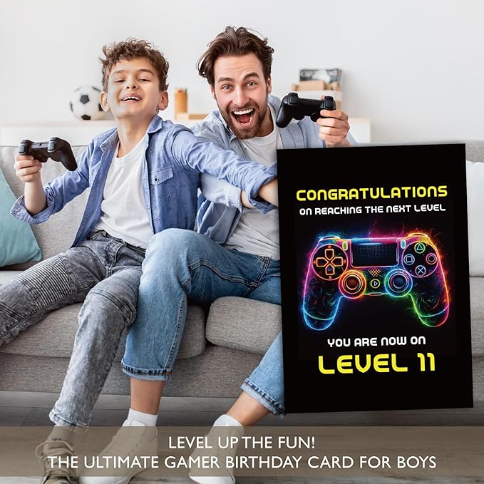 Gooji 5x7 Gamer Birthday Card for Boys and Girls - Level-Up Design for Ages 9, 10, 11, 12 - Perfect Gaming Party Greeting Card (10Y)