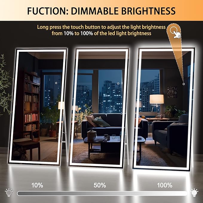 Hasipu Full Length Mirror with Lights, 71" x 24" LED Lighted Floor Standing, Full Body Dressing Hanging Mounted Mirror, Dimmable, Tempered Glass, Safe to Use, Square White